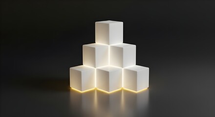 Illuminating White Cubes Pyramid on Dark Background, Abstract Geometric Structure