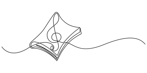 Continuous one line drawing of Musical notes out from opened book. Single line drawing illustration of Book with Musical notes. World Music Day, Book with treble clef and musical note one line art pro