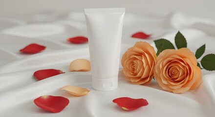 Blank White Cosmetic Tube with Delicate Roses and Petals on Luxurious Silk Fabric