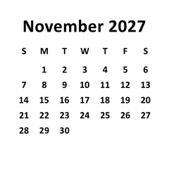 November 2027. monthly calendar design. week starts on Sunday. printable, editable, simple, and clean vector design isolated on white background.