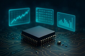 Microchip processing data and generating holographic financial charts showing increasing profits
