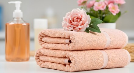 Freshly Folded Bath Towels with Soap Dispenser and Pink Rose for Spa Comfort