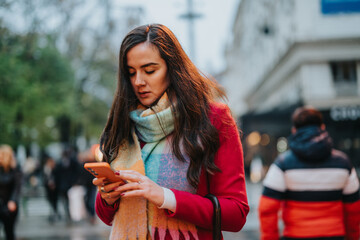 A young woman dressed warmly navigates the bustling urban environment, engaged with her phone,...