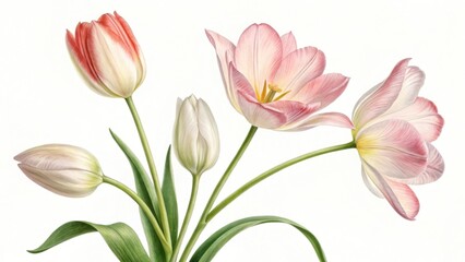 A delicate arrangement of pink and white tulips against a clean bright white background space