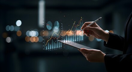 Businessman analyzing financial data on virtual screen, digital chart technology interface