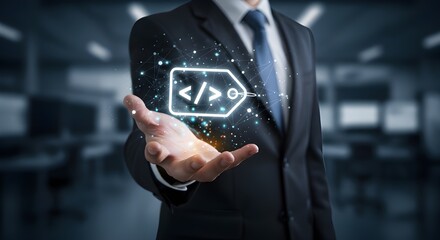 Businessman Presenting Code Tag Icon, Software Development, Web Programming, Digital Solution