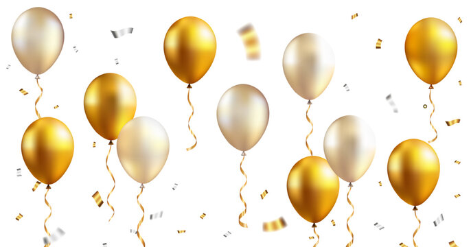 Elegant gold and champagne balloons with confetti on transparent background – festive decoration for celebration and party scenes - Powered by Adobe