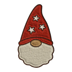 Embroidery scandinavian gnome head with tall red hat and white stars. Features fluffy white beard and beige nose. Cozy stitched texture for winter digital projects and christmas holiday decor