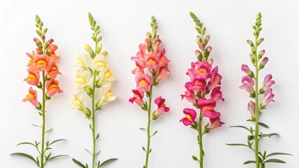 Five snapdragon flowers of different colors arranged in a row on a white background, top view