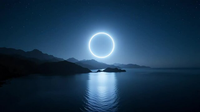 Neon circle over ocean at night with stars and mountains scenic view wallpaper background 4k 8k