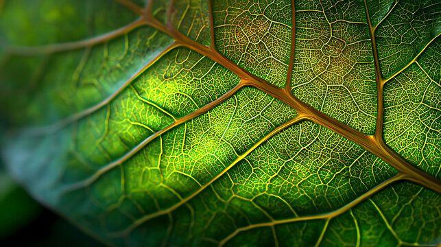 Fresh green leaf close up presents intricate veins and vibrant texture, embodying nature's detailed patterns.