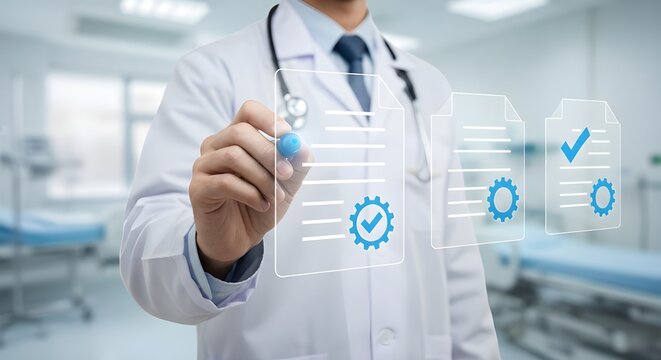 Doctor Checking Medical Documents, Quality Control, Healthcare Standards Compliance

