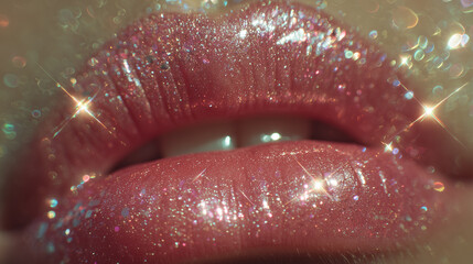 Close-up of lips covered in shiny, glittery lip gloss, with sparkles reflecting light. The focus is on texture and shimmer, creating a glossy and stylish appearance.