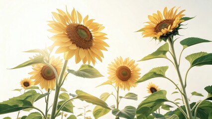 A low angle shot of a group of sunflowers with bright yellow petals and green leaves against a bright sky