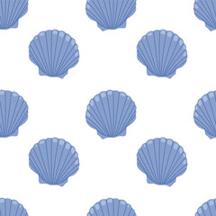 Sea shell scallop. Seamless pattern with blue seashells on white background. For summer textiles and beach designs.