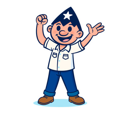 Illustration of Juan Pueblo raising his fist with joy. Symbolic character of Guayaquil wearing a star hat and white shirt in cheerful cartoon style.  