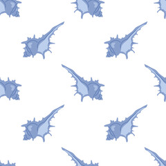 Seamless pattern with blue seashells on white background. For summer textiles and beach designs, summer, ocean.