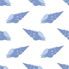 Seamless pattern with blue seashells on white background. For summer textiles and beach designs.