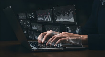 Business Person Typing on Laptop with Digital Data Analytics Overlays