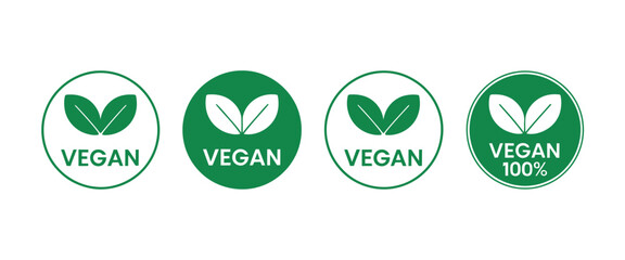 Obraz premium Vegan round icons set. Vegan food sign with leaves. Logo. Tag for cafe restaurants packaging design. Bio, Ecology, Organic Logos and Badges, Label. Vega