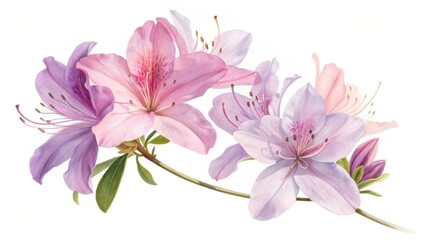 A watercolor painting of azalea flowers in shades of pink and purple on a white background