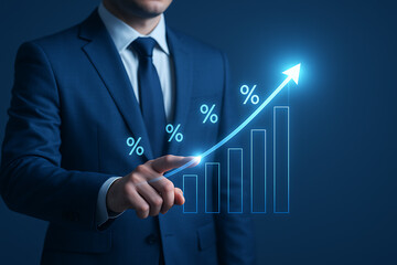 Business chart with finger touching upward graph and percentages for future financial planning, digital data metrics, ROI projection and economic strategy growth platform