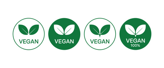 Obraz premium Vegan round icons set. Vegan food sign with leaves. Logo. Tag for cafe restaurants packaging design. Bio, Ecology, Organic Logos and Badges, Label. Vega