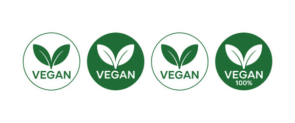 Obraz premium Vegan round icons set. Vegan food sign with leaves. Logo. Tag for cafe restaurants packaging design. Bio, Ecology, Organic Logos and Badges, Label. Vega