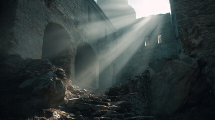 Sunlight streams through the arches of an ancient stone ruin, illuminating steep, rocky steps leading further into the structure. The scene evokes a sense of mystery and history.