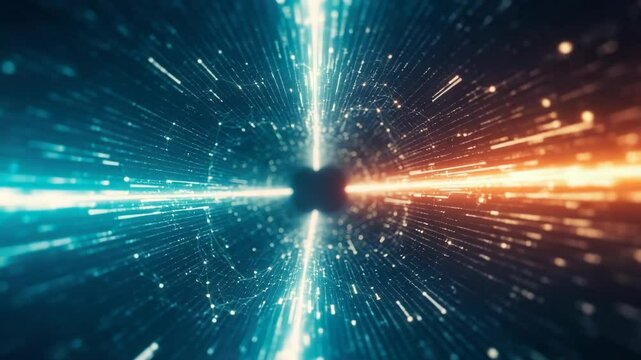 central point emits glowing data streams in opposing directions, creating an abstract representation of high-speed data flow, quantum computing, or technological duality