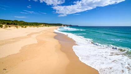 Wide sandy beach meets turquoise ocean under a bright sky