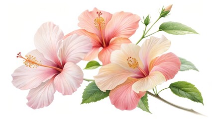 Three hibiscus flowers in shades of pink and peach with green leaves on a white background art