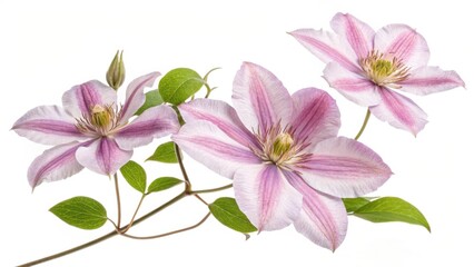 Close up of three clematis flowers with pink stripes and green leaves on a white background
