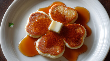Heart-shaped pancakes arranged in a clover pattern on a white plate, topped with a melting cube of butter and drizzled with syrup, with a small garnish on the side.