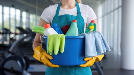A professional cleaning lady holding cleaning supplies in a bright gymnasium