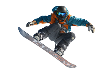 Snowboarder Mid Air Performing Trick on Transparent Background
