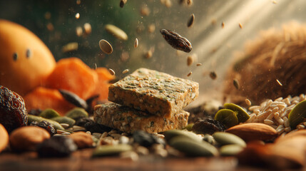 Two granola bars surrounded by seeds, dried fruits, and nuts. Sunlight illuminates the scene, while some seeds are captured in mid-air, adding dynamic motion to the composition.