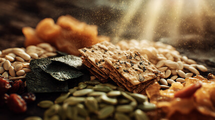 Crackers topped with seeds are placed among various nuts, dried fruits, and seaweed. A ray of sunlight streams through, highlighting the texture and variety of the ingredients.