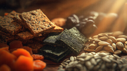 Crackers topped with seeds lie next to green seaweed pieces, surrounded by almonds, dried apricots, and seeds. Sunlight filters through, highlighting the textures of each item.