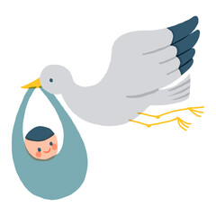 コウノトリが赤ちゃんを運ぶイラスト（出産・お祝い素材）
