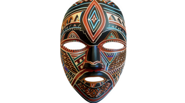 Traditional African Mask with Colorful Patterns on Transparent Background