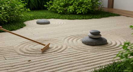 Obraz premium A zen garden with raked sand, stones, and green plants, creating a peaceful and meditative scene.