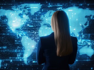 Engineer network telecom concept. A businesswoman analyzes a digital world map with data connections.