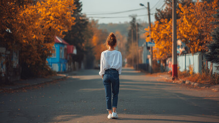 A woman walks alone down an empty street lined with colorful autumn trees and quaint houses. Her white shirt and jeans contrast the vibrant foliage.