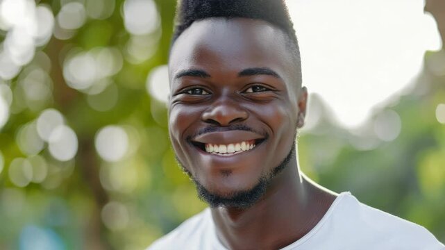 Happy young man smiling outdoors with green background and sunshine, conveying a positive mood.