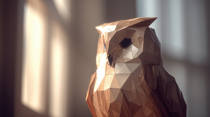 A low-poly sculpture of an owl is illuminated by soft lighting from a nearby window. The geometric facets create an abstract yet recognizable depiction of the bird.
