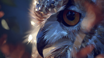 A close-up of a low-poly owl sculpture highlights the geometric design, focusing on its eye and beak. The abstract textures give depth to the image.