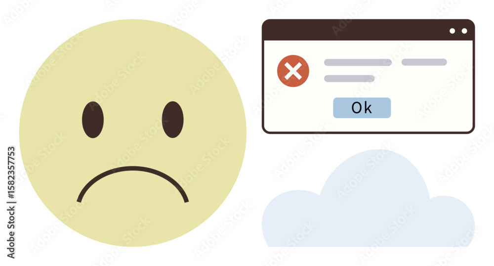 Poster sad face next to error message popup and a cloud graphic conveys technical issues or system failure.