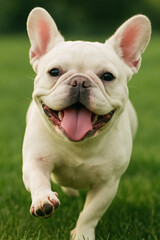 Generative AI : Close-up picture, A french bulldog running happily, eyes happy and ears pricked
