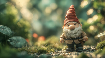 A garden gnome with a red hat stands in a lush, green area surrounded by plants. The gnome is illuminated amidst a softly blurred background, capturing a serene outdoor scene.